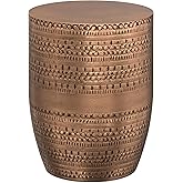 SIMPLIHOME Johnsen Metal Table - 15 inch Wide Solid Iron Drum Accent Table in Antique Copper with Tribal Pattern, Round Boho 