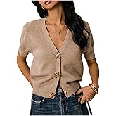 SweatyRocks Women's V Neck Button Down Cardigan Sweaters Business Casual Short Sleeve Sweater Outwear
