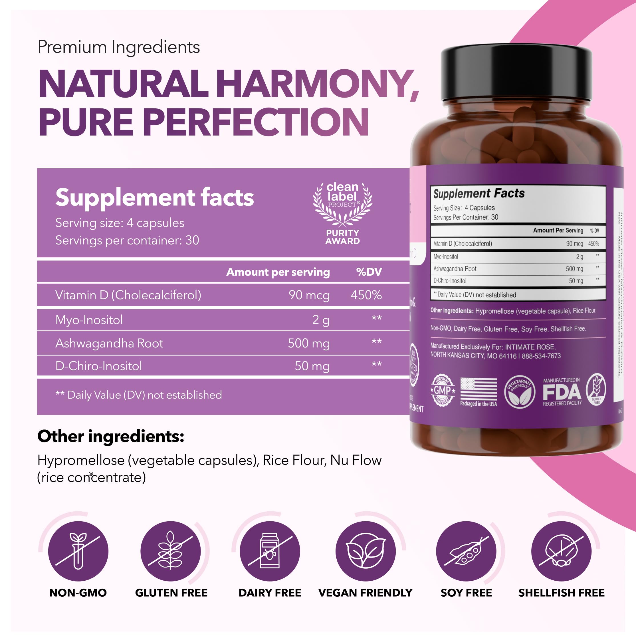 Intimate Rose Myo-Inositol & D-Chiro Inositol Supplement for Women - Hormone Balance & Ovarian Support for Women - Ideal 40:1 Ratio, Vitamin D3 + Ashwagandha