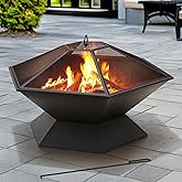 SUNJOY Hexagon Firepit 35 Inch Steel Wood Burning Fire Pit with Fire Poker and PVC Cover for Camping, Backyard and Patio
