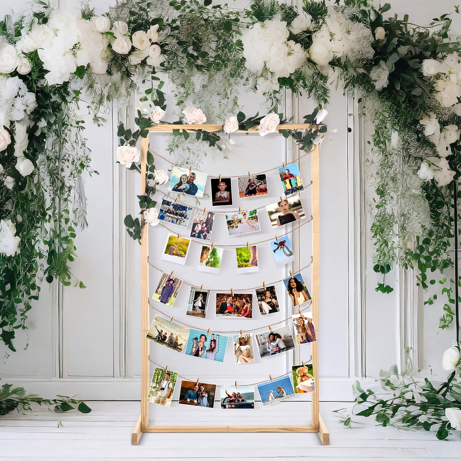 Photo 1 of Colingmill 47 Inch Wedding Photo Display Frame Board Wood Christmas Standing Picture Collage Board with 30 Wood Clip Wedding Birthday Decor for Photo Artwork Letter Postcard Greeting Card Organizer