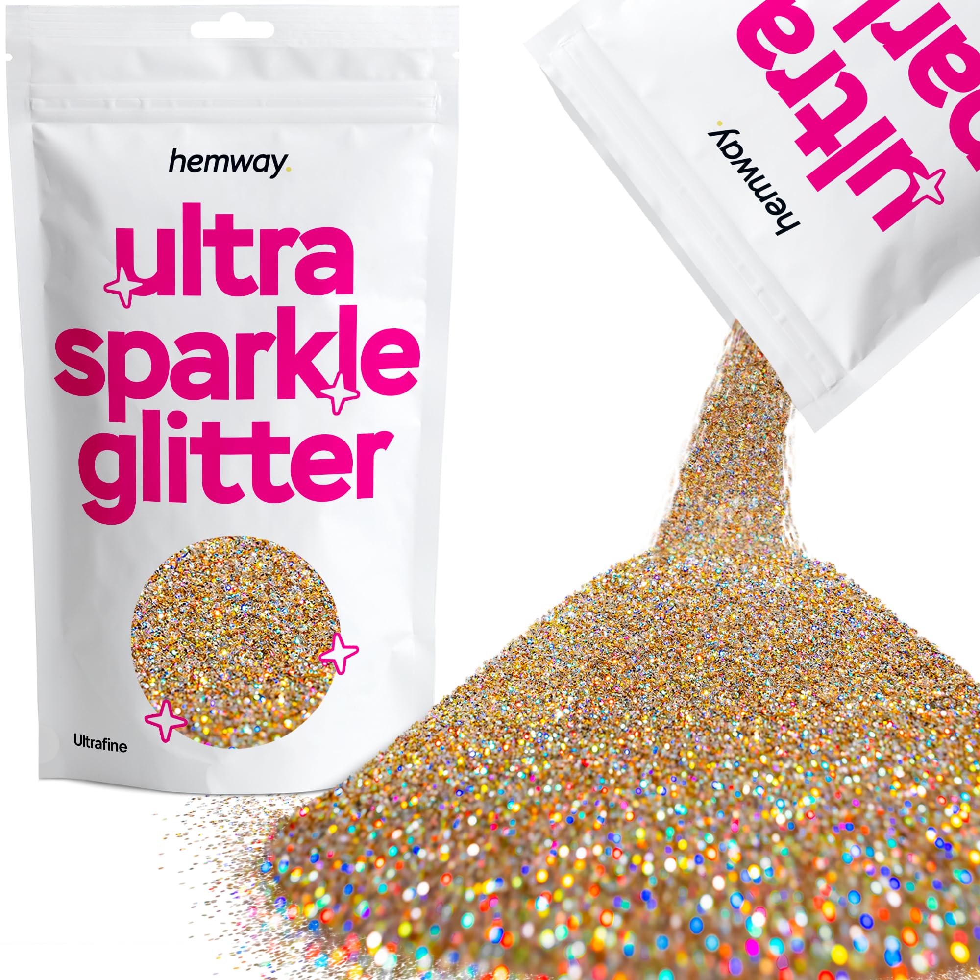 Hemway Ultra Sparkle Glitter Gold Silver Holographic 100g Ultrafine | Glitter for Arts & Craft, Makeup, Nail Art, Crafting, Card Making, Sparkle Decoration