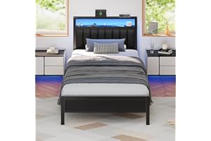 Furnulem Twin Size Bed Frame with Charging Station and LED Lights, Platform Bed with Metal Slats, Grey Upholstered Headboard with 2-Tier Storage Shelves, No Box Spring Needed