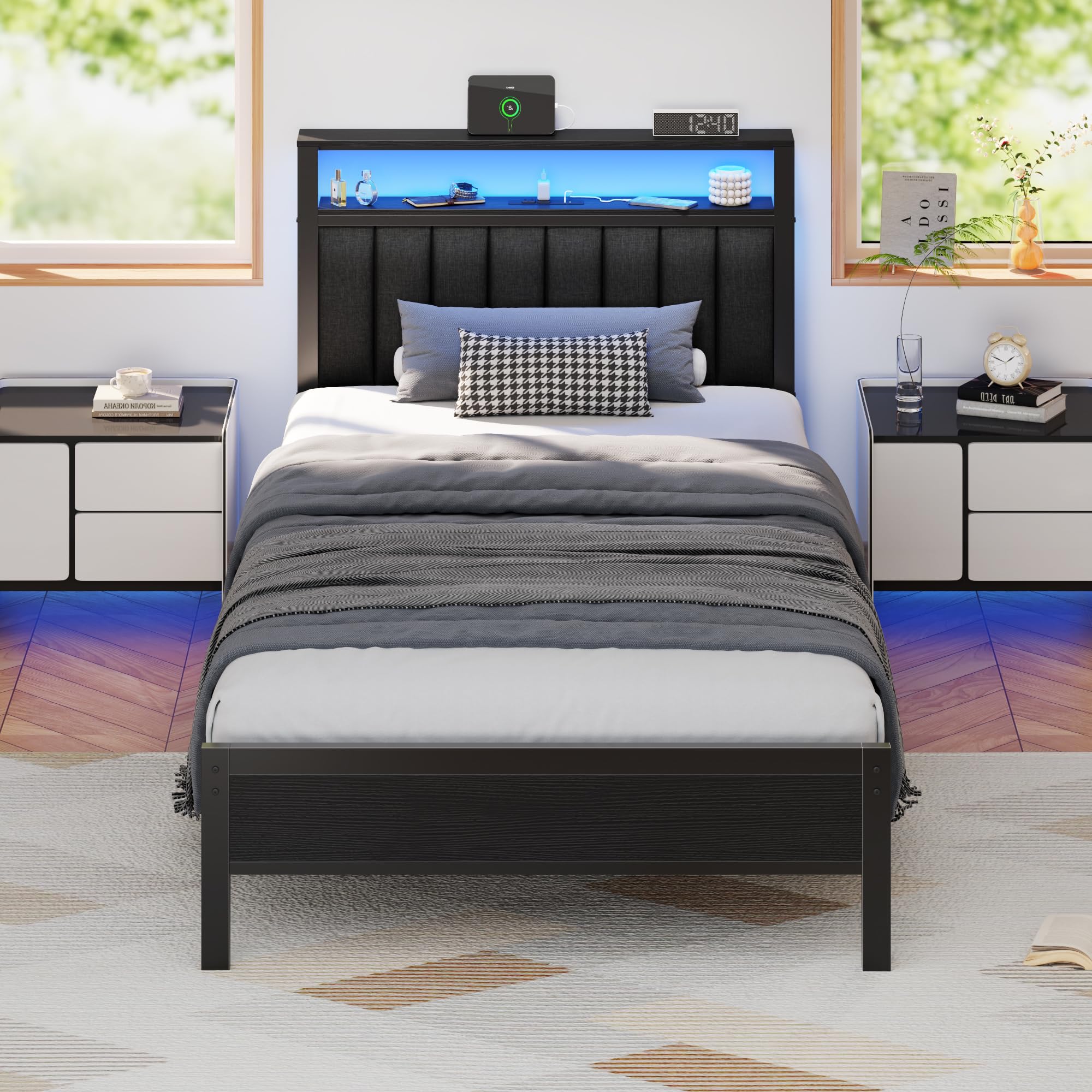 Photo 1 of ***PARTIAL SET Box 1 of 2***
Furnulem Twin Size Bed Frame with Charging Station and LED Lights, Platform Bed with Metal Slats, Grey Upholstered Headboard with 2-Tier Storage Shelves, No Box Spring Needed