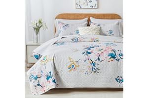 Yogeneg Full Queen Size Quilt Set, Floral Botanical Pattern White Bedding Set,3 Piece Lightweight Soft Summer Bedspread Coverlet with 2 PIillow Sham for All Season(White,90"x96")