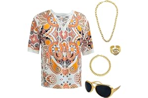 MRYUWB Hippie Men 70s and 80s Disco Clothing Shirts Beach Drawstring Printed Short Sleeves 5-Piece Disco Theme Party