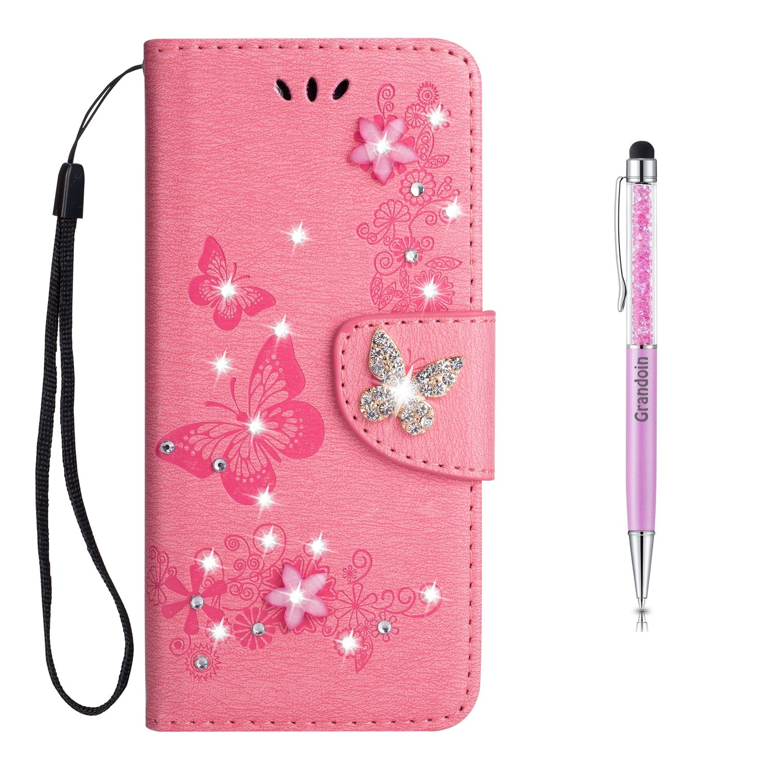 Grandoin Galaxy S9 Case, Floral Bling Sparkly Diamonds Gems Butterfly Pattern Design Premium PU Leather Magnetic Flip Cover with Card Slots Holders Case For Samsung Galaxy S9 (Pink)