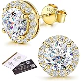 GEMQUEEN Moissanite Halo Earrings Studs : 18K Gold Plated Solid 925 Sterling Silver Stud Earring for Women Men Hypoallergenic Dainty Moissanite Jewelry for Sensitive Ear Round Cut D Color VVS1 1CT-4CT
