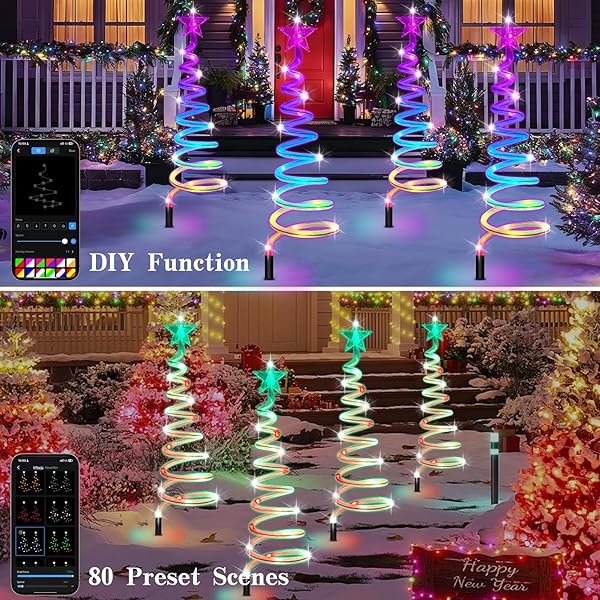 24” CHRISTMAS PATHWAY LIGHTS OUTDOOR, 8 PACK MULTICOLOR 152 LEDS SMART SPIRAL XMAS TREE LIGHT WITH APP&REMOTE, DIY, TIMER, WATERPROOF LED CHRISTMAS OUTDOOR DECORATIONS FOR YARD PATIO WALKWAY (2FT*8)