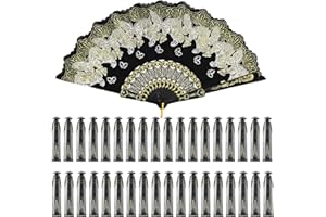 Geelin 50 Pcs Hand Lace Foldable Fans Bulk for Women with Organza Bag Lace Folded Hand European Retro Fan Bridal Dancing Prop Wedding Party Favors for Dancing Tea Party(Butterfly,Gold)