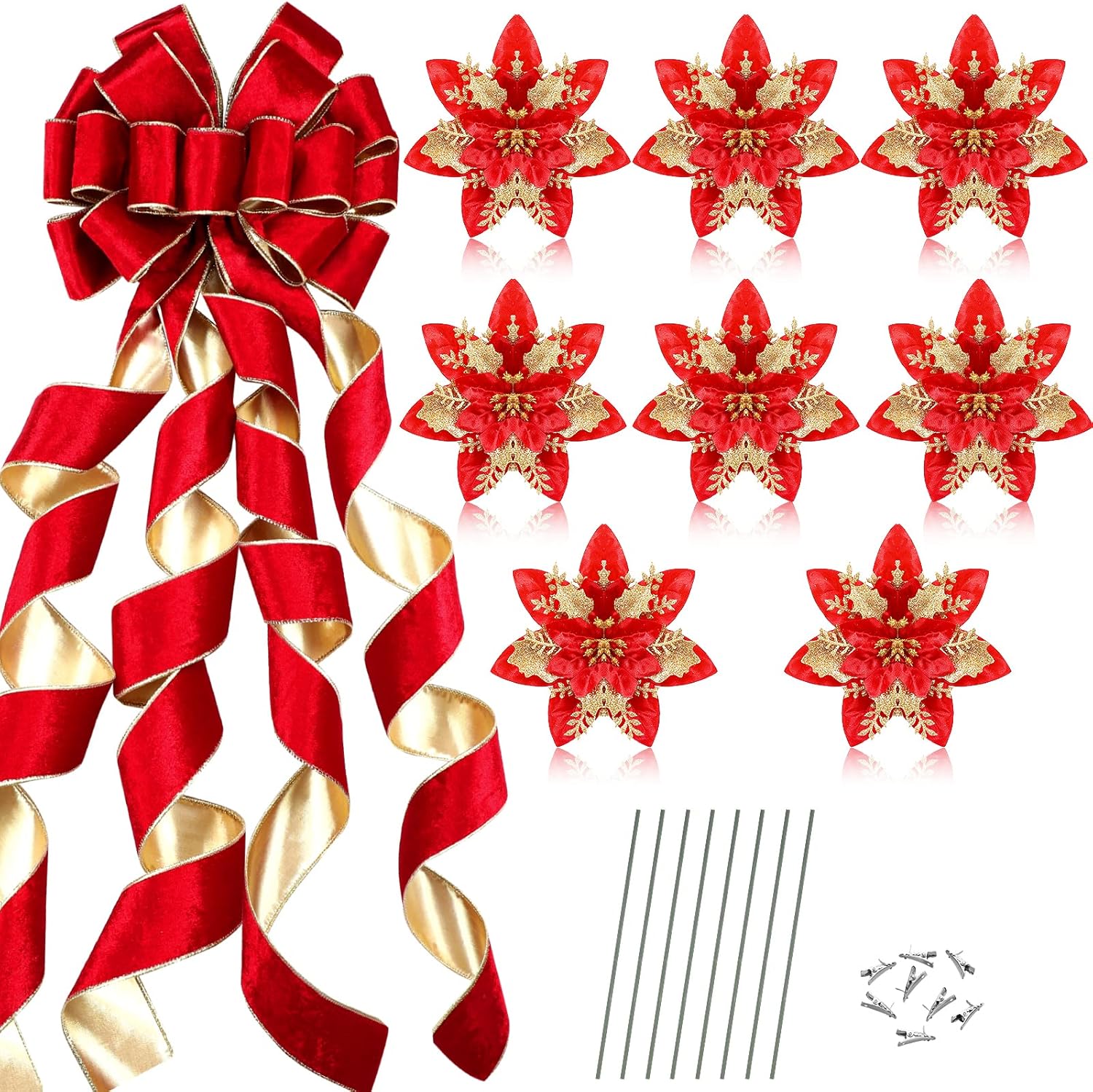 Tree Toppers - Dingion x 13'' Red Big Christmas Tree Topper Red Large Velvet Bow with Long Streamers Christmas Tree Ornaments with 8 Pcs 5.5 Inch Artificial Gold Red Poinsettia Flowers Decorations Christmas Decor