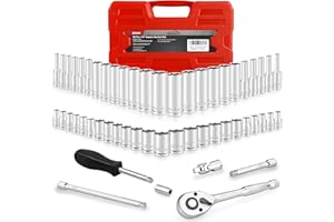 EACELIY 54pcs 1/4" Socket Set,Drive Impact Socket Set, SAE/Metric, Deep & Shallow with Universal Joint,Extension Bars,Hex Bit Holder, Spinner Handle,Ratchet,Cr-V Steel，6 Point，4-14mm，5/32-9/16 inch