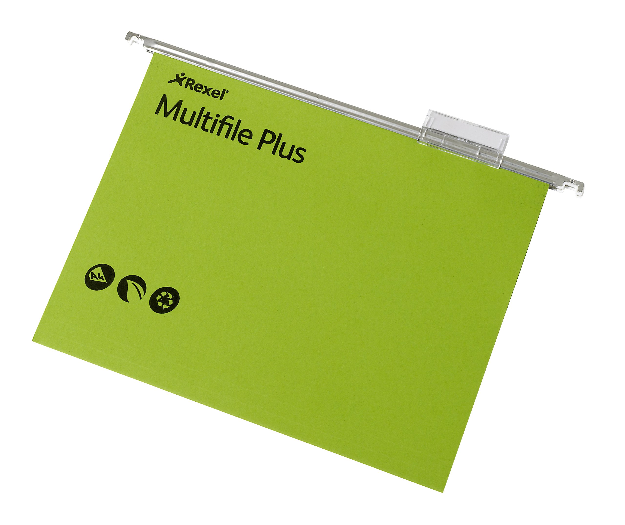 Rexel A4 Suspension Files with Tabs and Inserts for Filing Cabinets, 15 mm V-base, 100 Percent Recycled Manilla, Green, Multifile Plus, Pack of 20, 92809