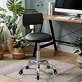 Rolling Stool Chair with Wheels, Office Drafting Chair with Back Support, Height Adjustable Standing Desk Stool with PU Leather Cushion for Home Office Kitchen Vanity Spa Garage Tattoo Dentist(Black)
