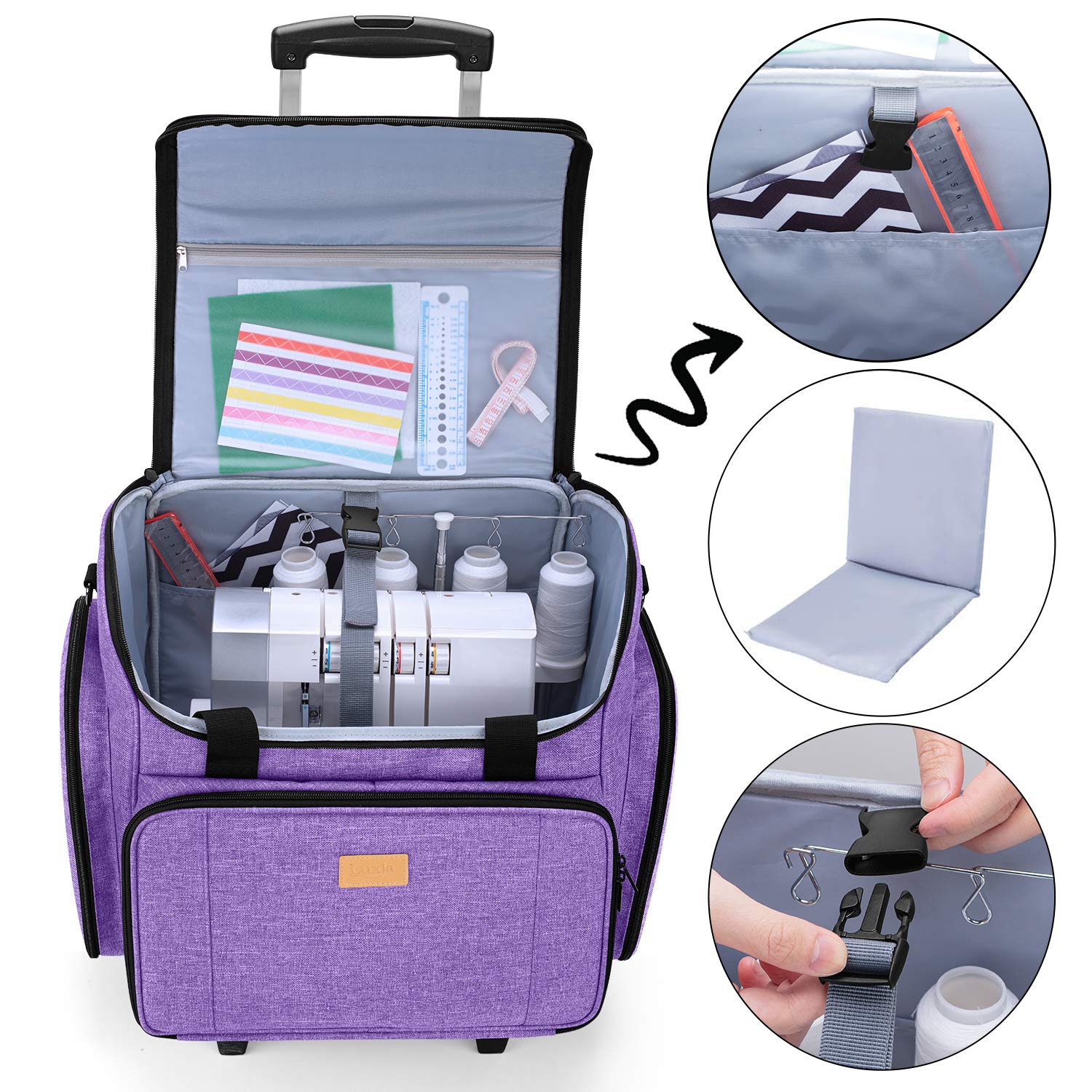 LUXJA Serger Case with Detachable Trolley Dolly, Bag with Removable Padding Pad (Fit for Most Standard Machines), Purple