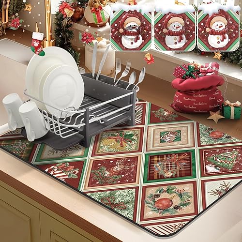 Yamaziot Christmas Dish Drying Mat, 12"x20" Small Coffee Mat with Christmas Reindeer Bell & Snowman, Non-Slip Kitchen Counter Mat for Coffee Bar Decor Accessories Espresso Machine Dish Rack Mat