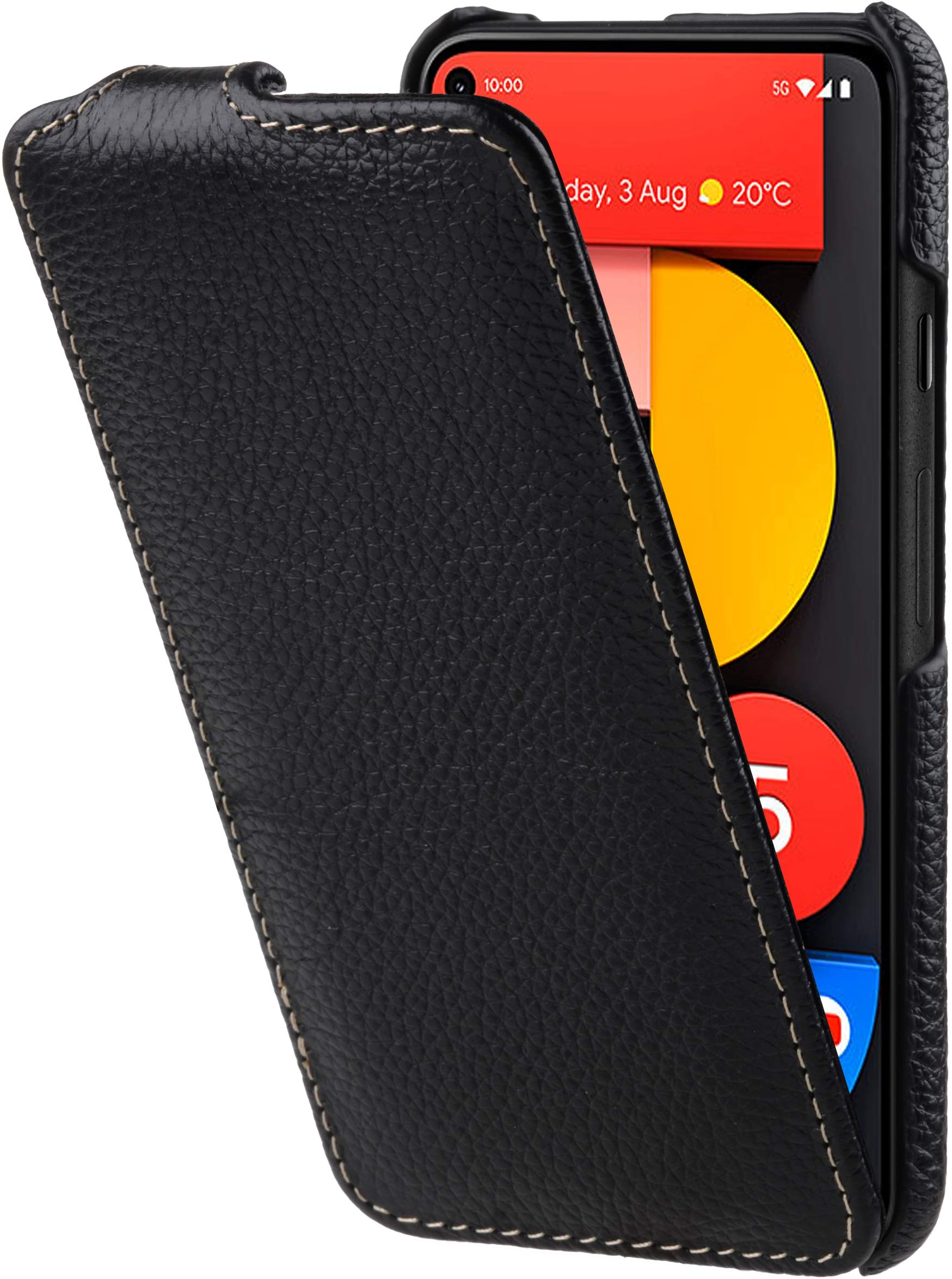 StilGut Slim Vertical Flip Case for Google Pixel 5, Genuine Leather Pixel 5 case, Black — image 1