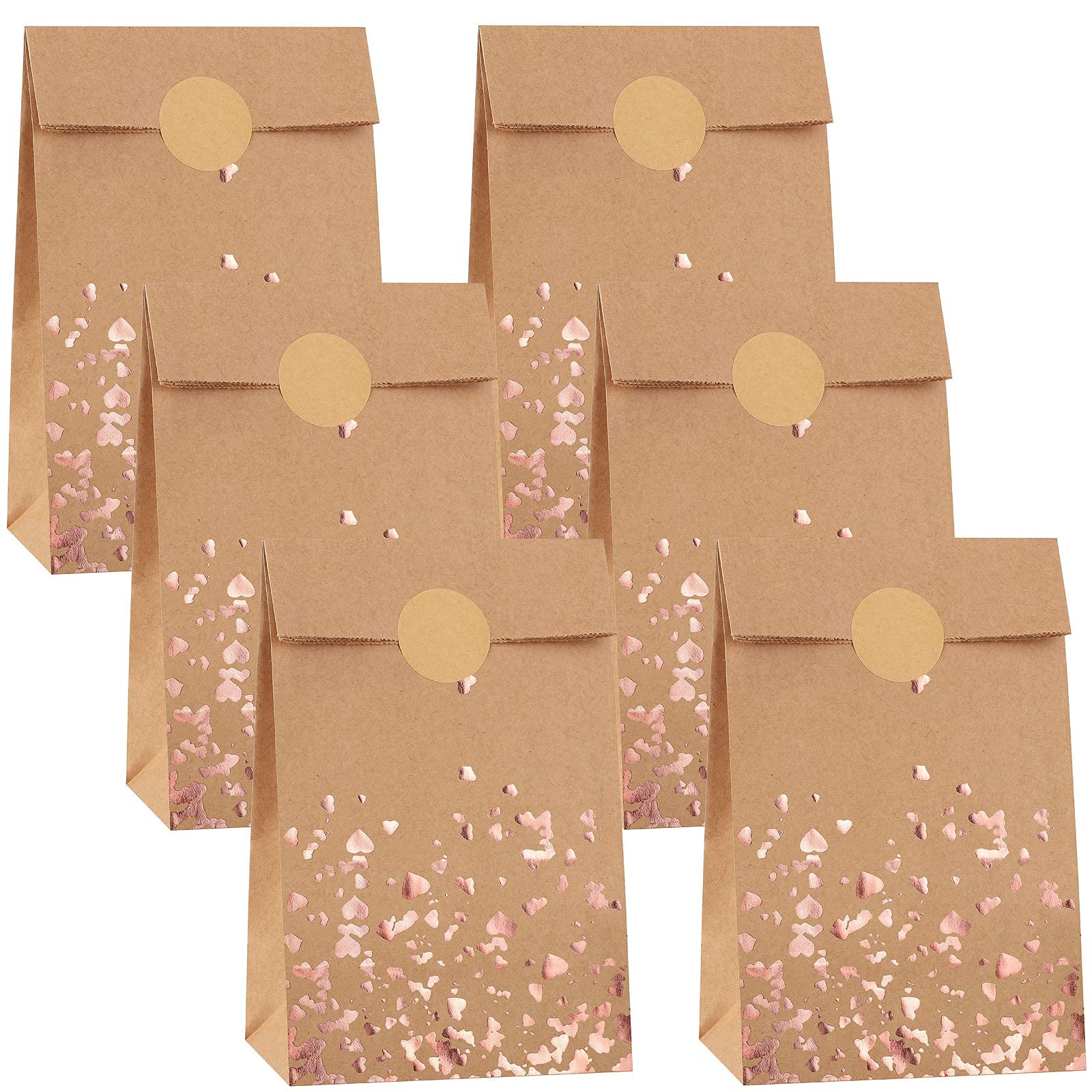 Cooraby 30 Pieces Heart Bronzing Rose Gold Kraft Paper Bags with 48 Stickers Candy Sweet Goodie Paper Bags for Wedding, Birthday, Hen Party, and Party Celebrations