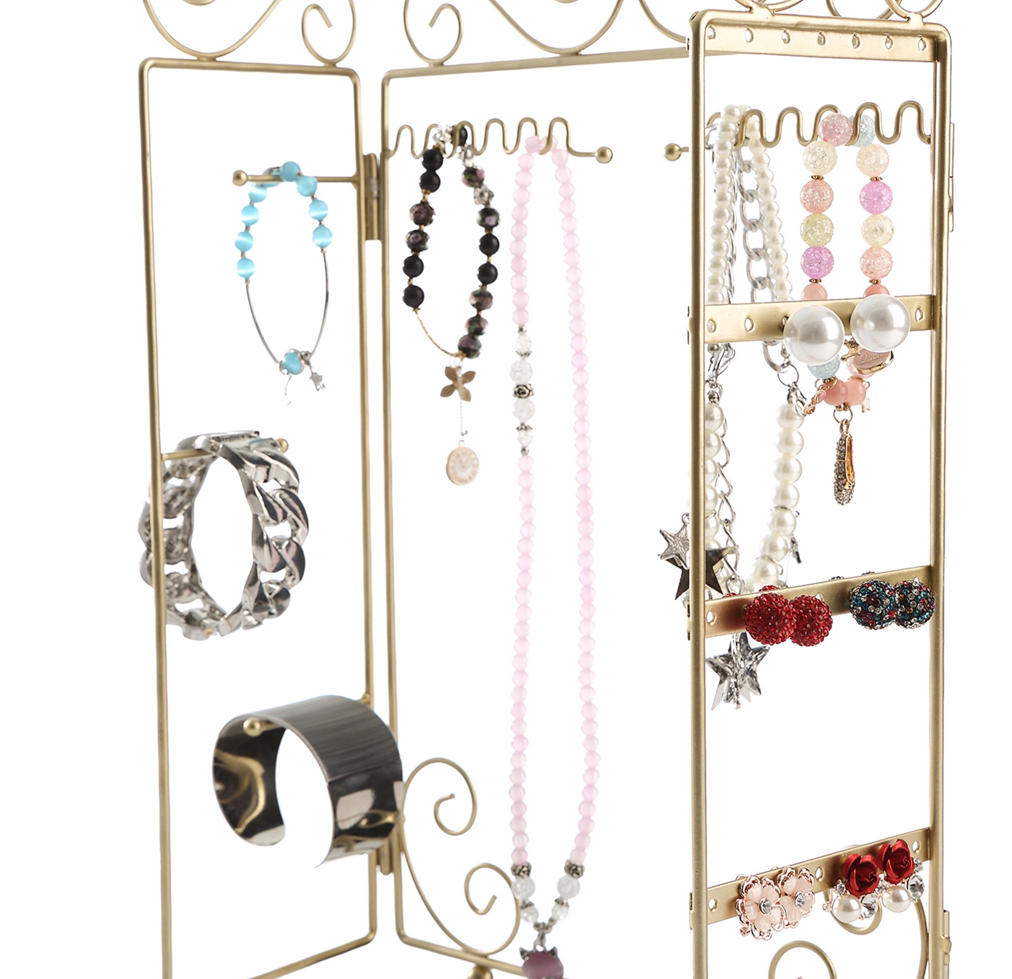 Modern Gold Metal 3 Panel Trellis Folding Jewelry Hanger Organizer for Bracelet, Earrings, Necklace