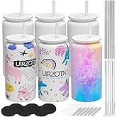UIRZOTN 6 Pack Glass Cups with Lids and Straws, 16oz Stainless Steel Sublimation Tumbler, Beer and Iced Coffee Cups, Smoothie Cup for Whiskey, Soda, Tea, Water