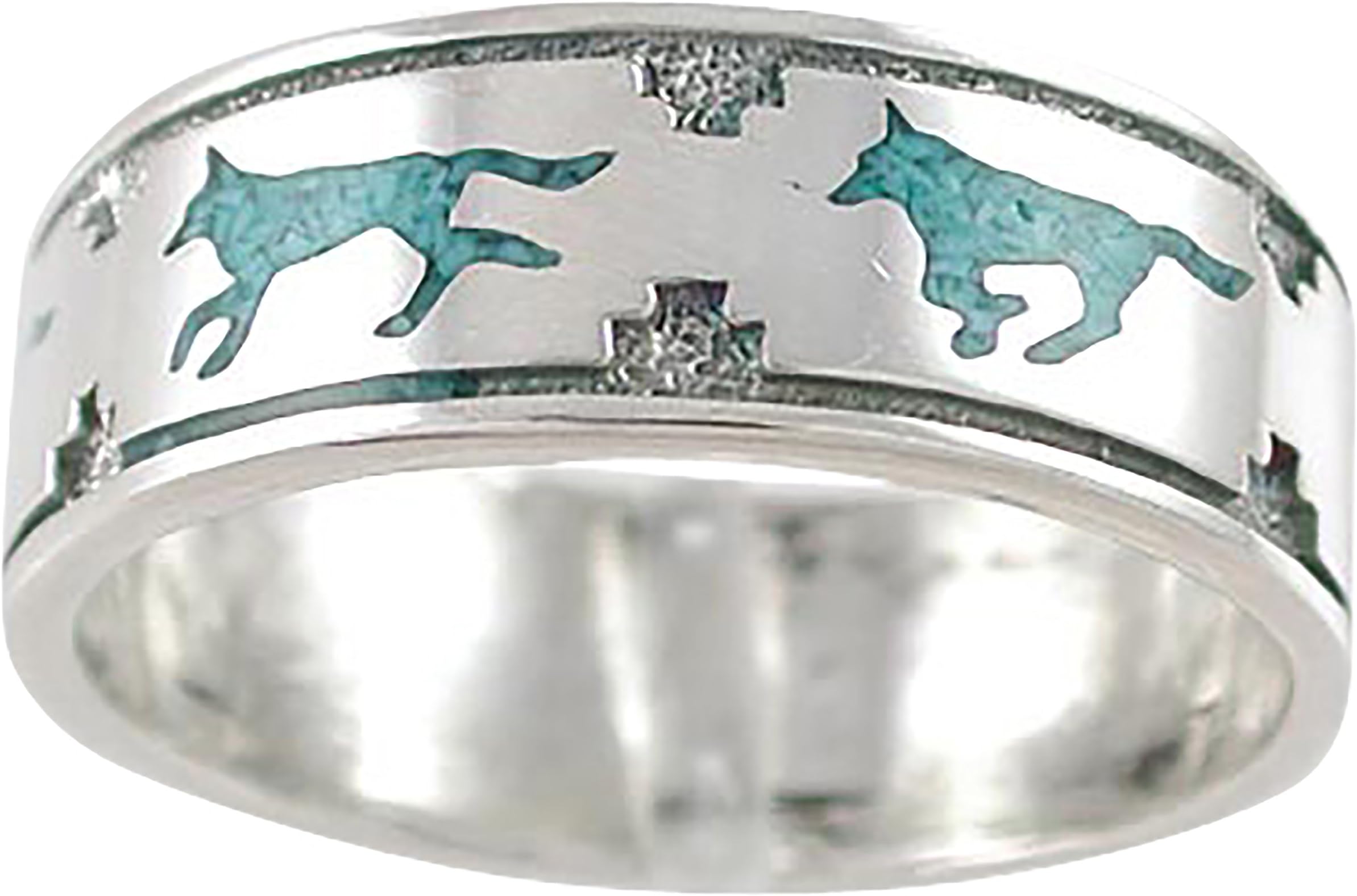 Southwestern Running Wolf Band Ring in Sterling Silver with Stabilized Turquoise for Men or Women