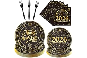 Deorfuy New Years Eve Party Supplies 2026, 96PCS Happy New Year Eve Disposable Paper Plates and Napkins Decorations 2026, Black and Gold Nye Forks Decor 2026