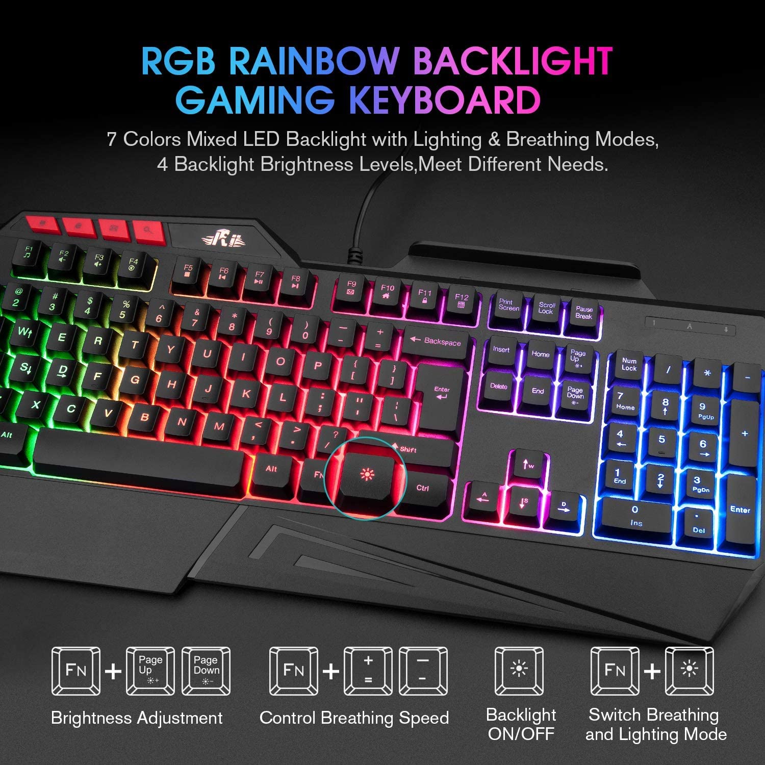 Rii RK202 RGB Gaming Keyboard Multiple Color Rainbow LED Backlit USB Wired Gaming Keyboard with Wrist Rest for Windows & Mac PC Gamers (Black)