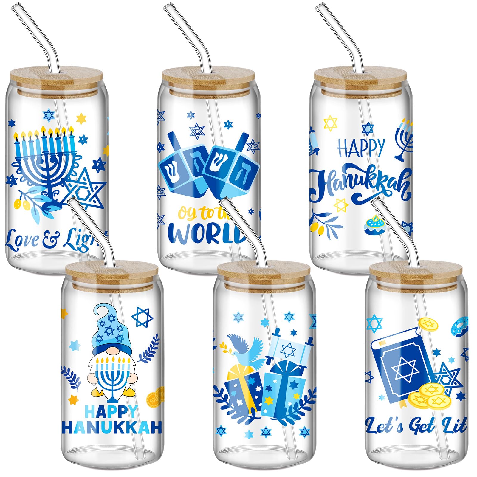 Photo 1 of ****Layhit 5 Pcs*** Happy Hanukkah Drinking Cups Chanukah Glass Cups Gifts 16 oz Hannukah Can Shaped Tumbler with Bamboo Lid Glass Straw Brush for Coffee Women Men Friends Coworkers Holiday Party Decorations