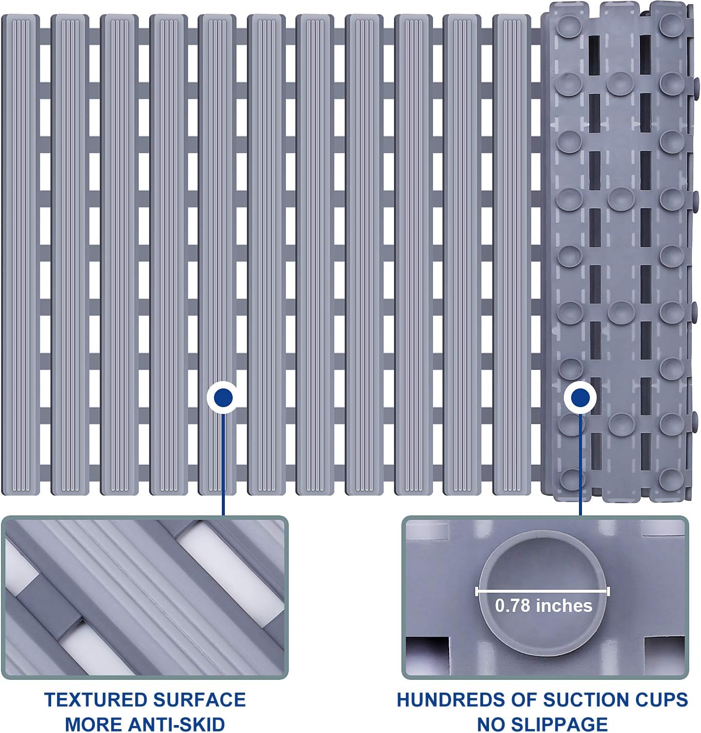 KMAT Shower Mat Non Slip Bathtub Mats Bath Mats for Shower Tub with Suction Cups and Drain Holes,Bathmat Bath Tub Mat (BPA, Latex, Phthalate Free)-Grey: Home & Kitchen