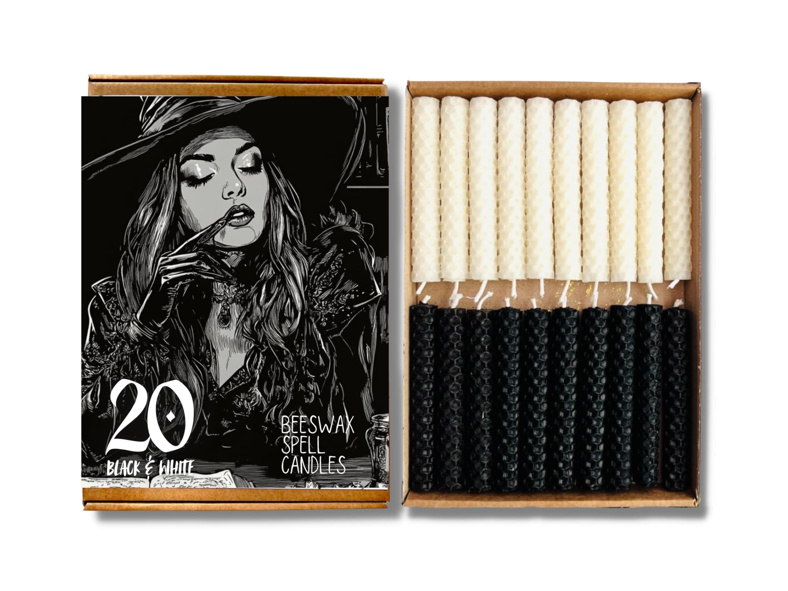 Phoenix Candle Company - Beeswax Spell Candles Set - 20 Count - Hand-Rolled - Black & White