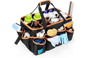 HODRANT Extra-large Wearable Cleaning Caddy, Organizer Bag for Housekeeper with Pad, Handle & Divider, Car Wash Tools Bag for Detailing Supplies, Orange Edge