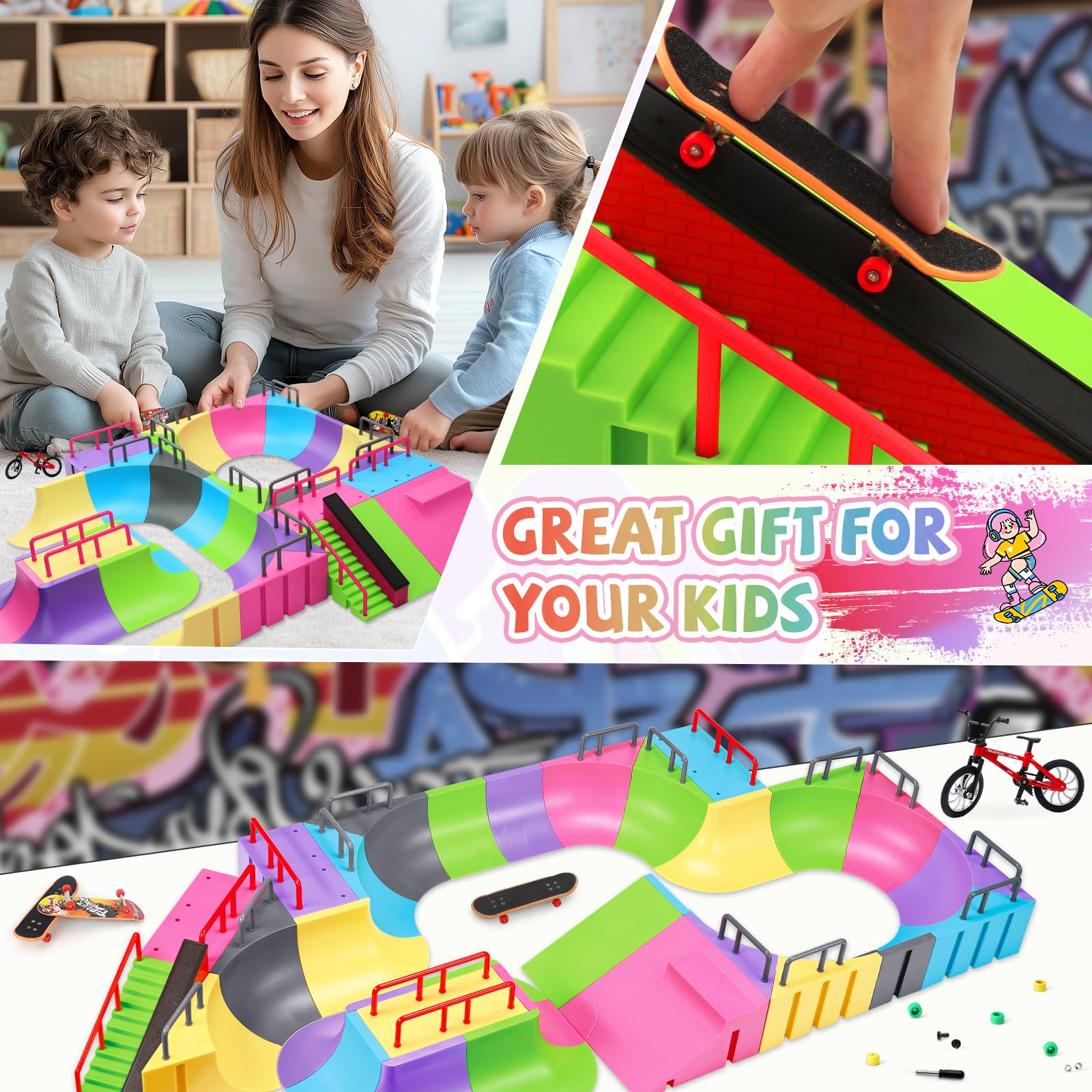 MOMSIV Finger Skateboard Park Set, 57pcs with 6 Skateboards, 31 Ramps, 1 Bicycle - Large Training Gift Toy for Ages 6+