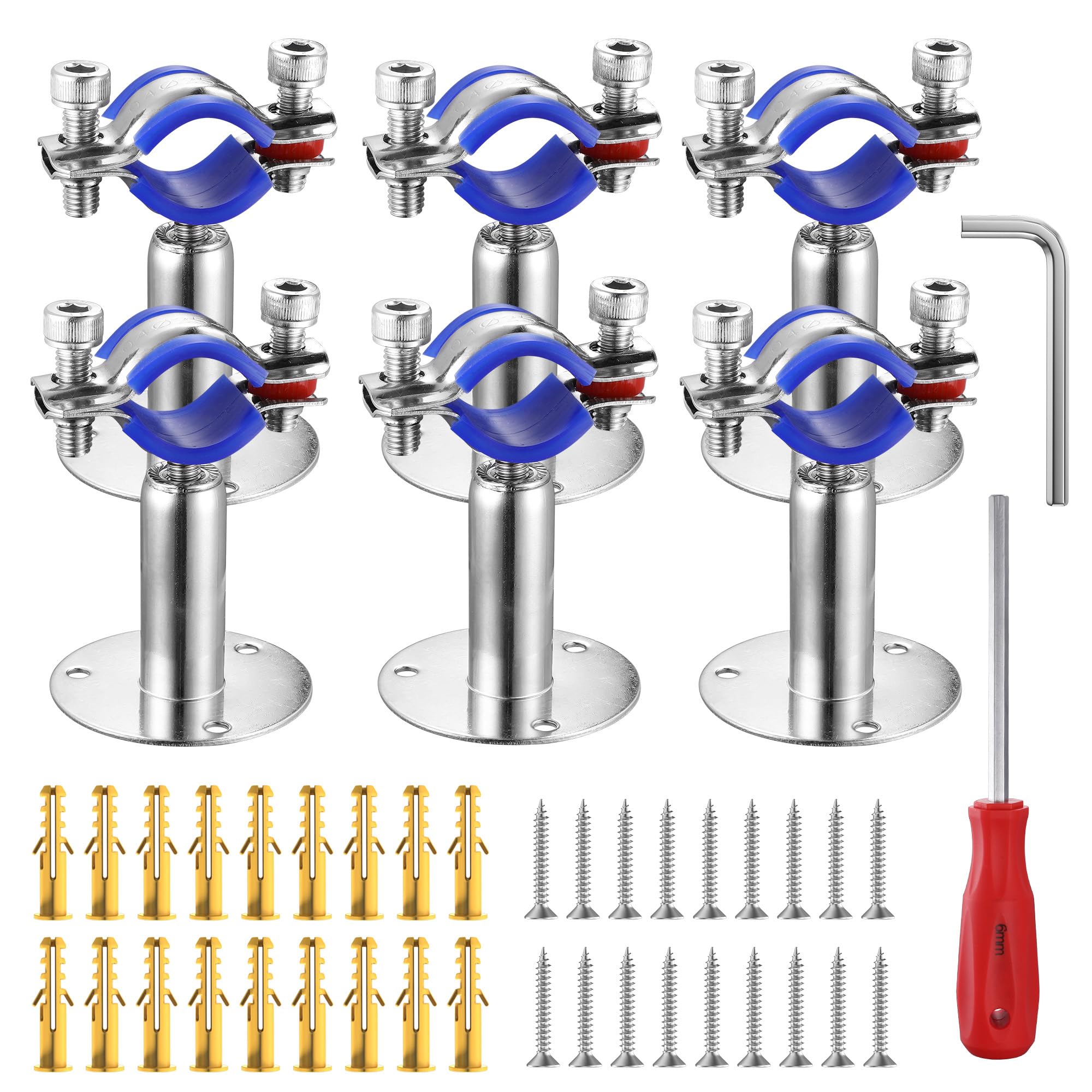 Photo 1 of WYSIWYKA 6PCS 304 Stainless Steel Wall Mount Ceiling Mount Pipe Supports,Suitable for OD Pipe 25-27mm,Adjustable Height 50-100mm,Adjustable Pipe Strap Clamp with Screws