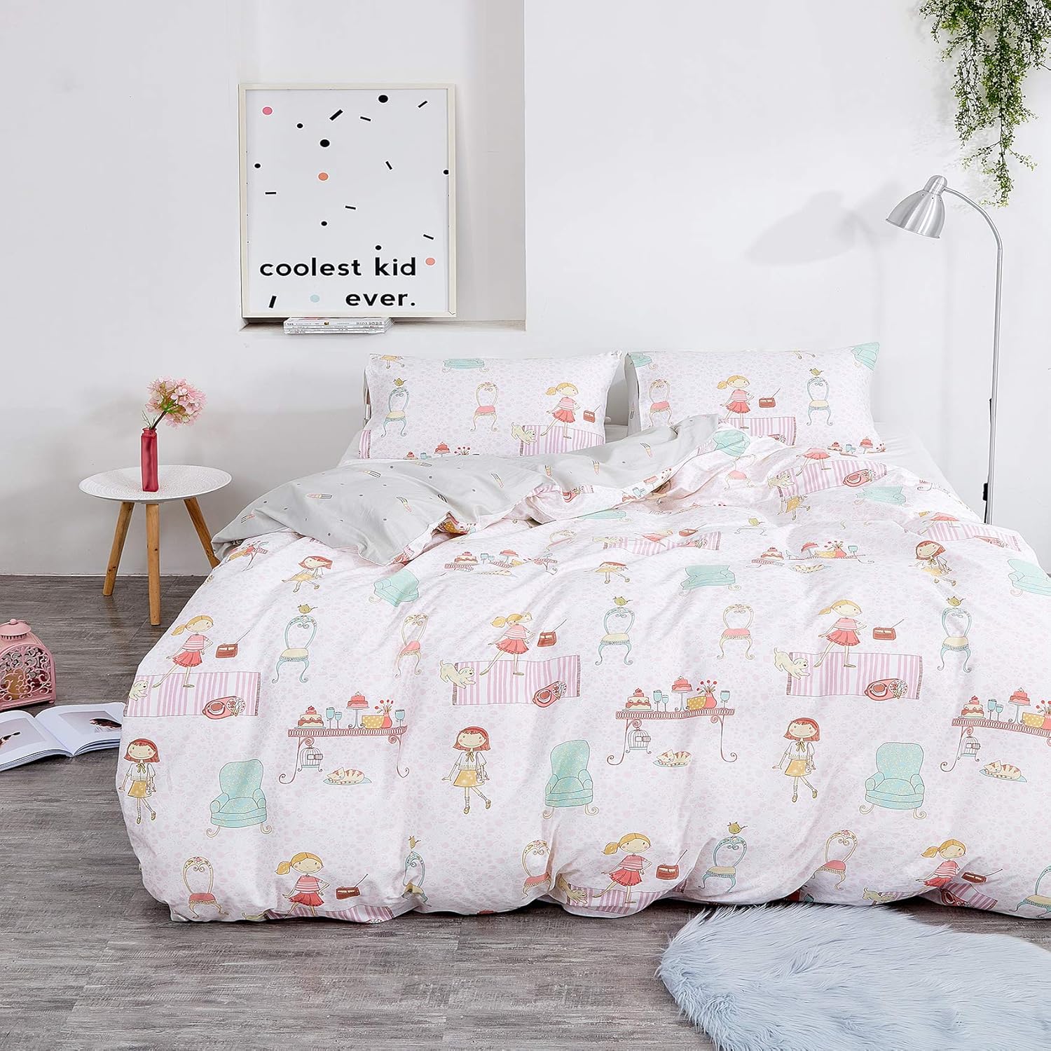 Jumeey Girls Duvet Cover Set Queen Pink Princess Bedding Set 3 Piece 100% Cotton Cartoon Comforter Cover Full Size Teens Kids Bedding Collection with 2 Pillow Shams,No Comforter