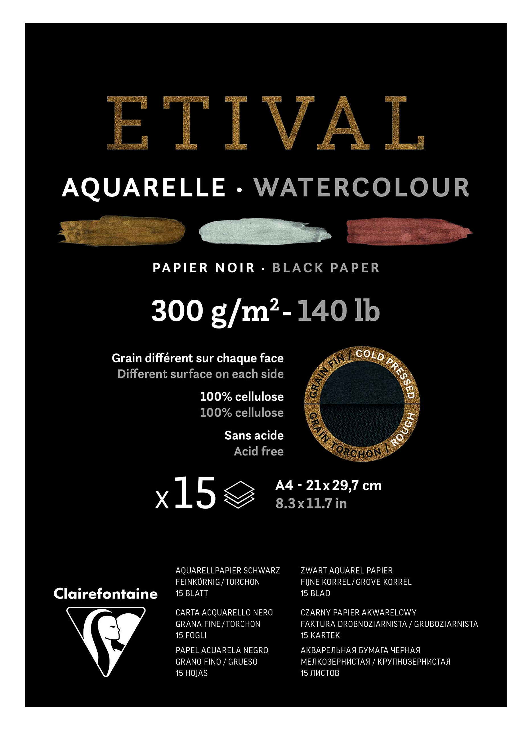 Clairefontaine - Ref 975318C - Etival Cold Pressed Black Watercolour Painting & Drawing Pad (15 Sheets of Paper) - A4 (29.7 x 21cm) - 300gsm Cellulose Art Paper