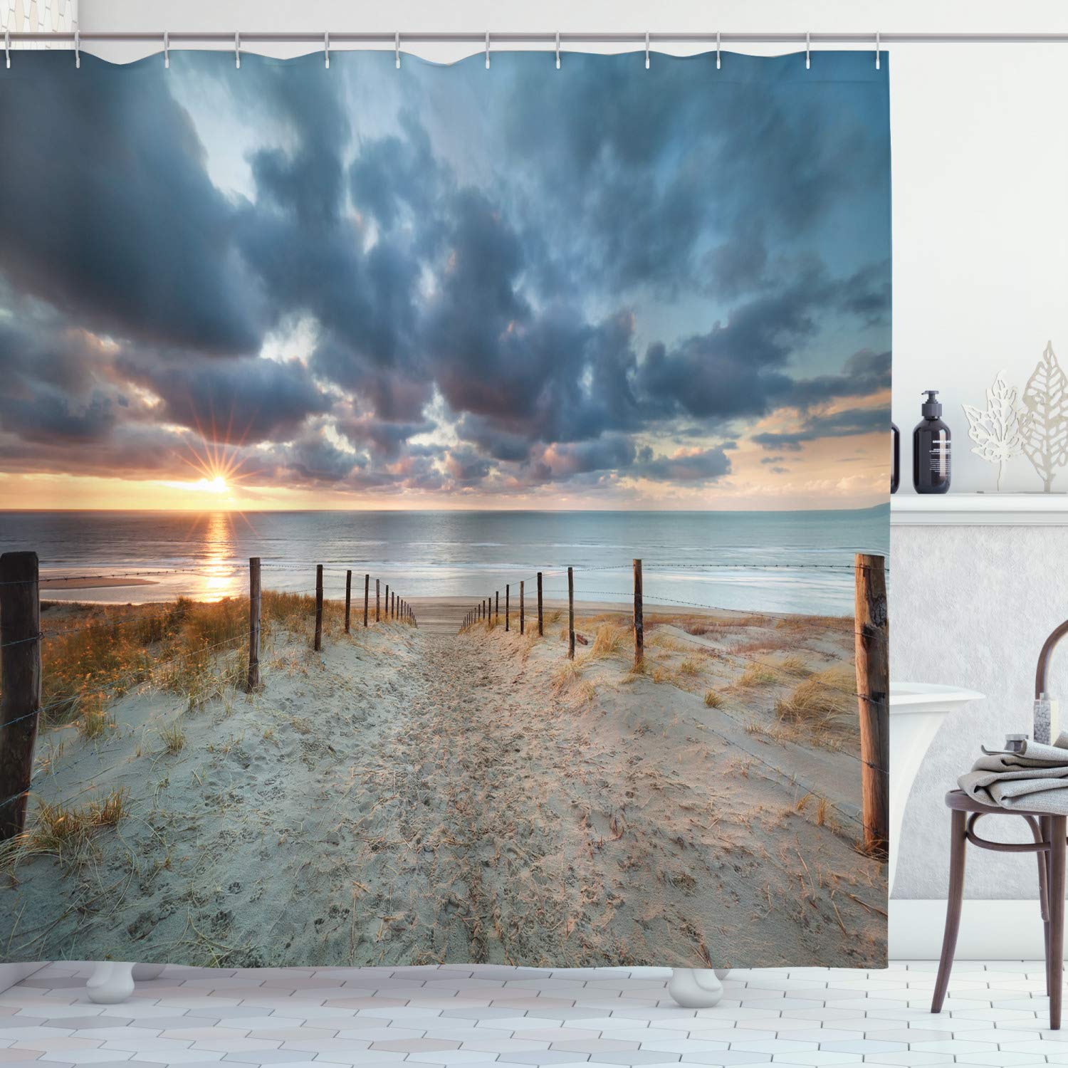 AmbesonneBeach Shower Curtain, Walking by The Seaside at The North Holland Netherland Sundown Romantic Sunlight and Sunbeams, Cloth Fabric Bathroom Set with Hooks, 69" W x 70" L, Bluegrey Beige Brown