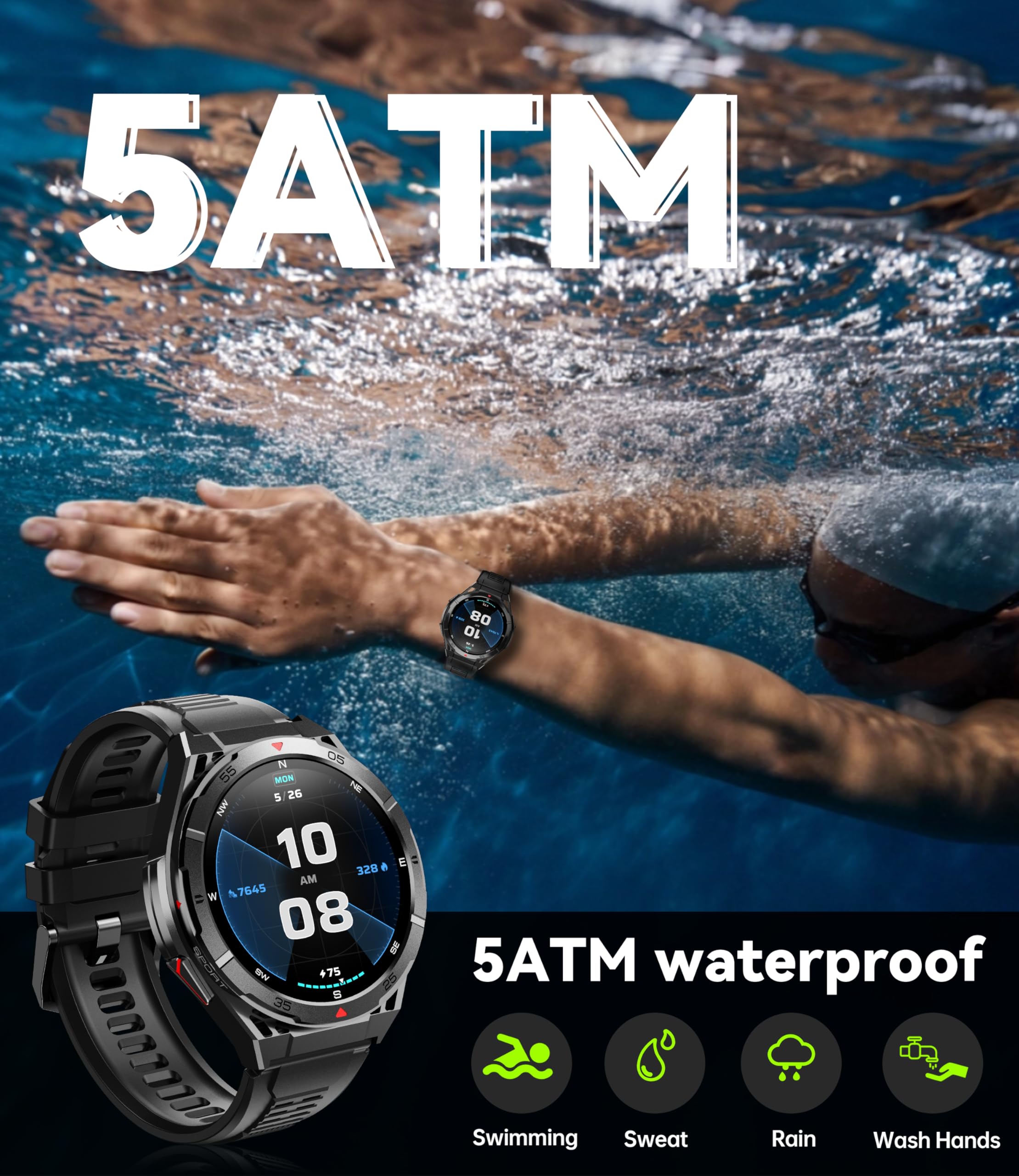 OUKITEL BT12 Military Smart Watch for Men GPS (Answer/Make Calls) 480mAh Smartwatch 5ATM Waterproof, 1.43