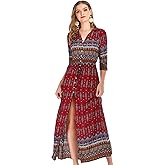 R.Vivimos Women's Summer Boho Button Up V Neck Floral Print Roll Up Causal Split Beach Midi Dresses