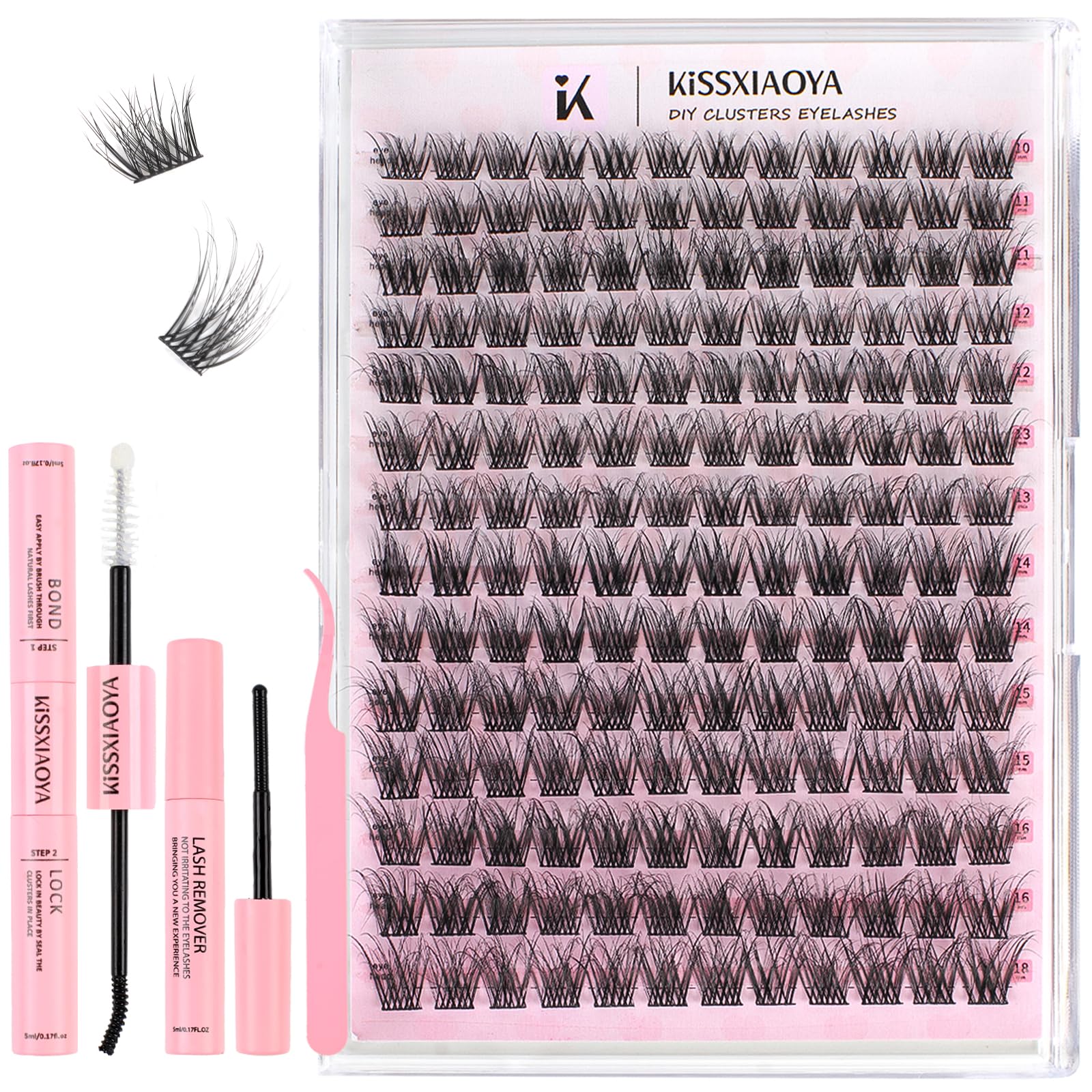 LYMYBETY 168Pcs Individual Eyelashes Kit D Curl 10-18mm Lash Clusters with Lash Bond & Seal & Remover &Tweezers DIY Eyelash Extensions for DIY at Home (W-7 KIT, 10-18 mm)