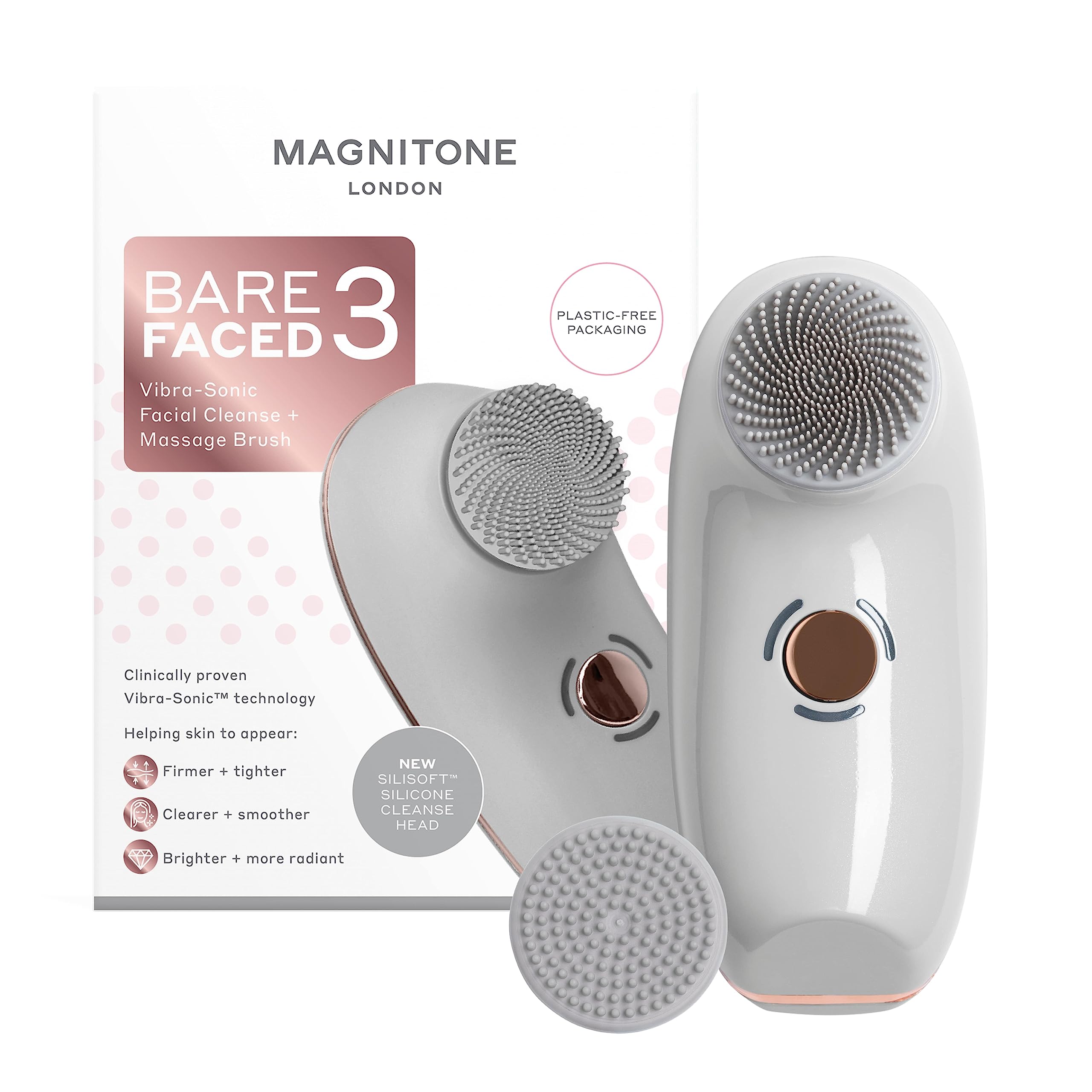 MAGNITONE BareFaced3 Vibra-Sonic Facial Cleanse + Massage Brush, Rechargeable Electric Face Brush, Gentle + Deep Cleanse + PulseLift Massage, Skin is Firmer, Tighter, Clearer, Smoother & More Radiant