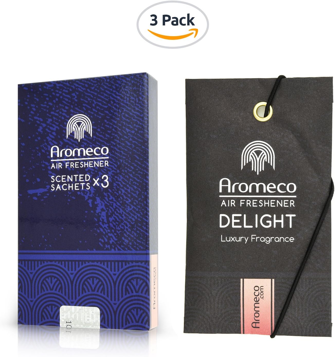 Aromeco Car Air Freshener - Wardrobe Freshener - Shoe Freshener - Toilet Freshener - Room Freshener - Handbag Freshener - Scented Sachet - Luxury Fragrance - Delight, Pack of 3