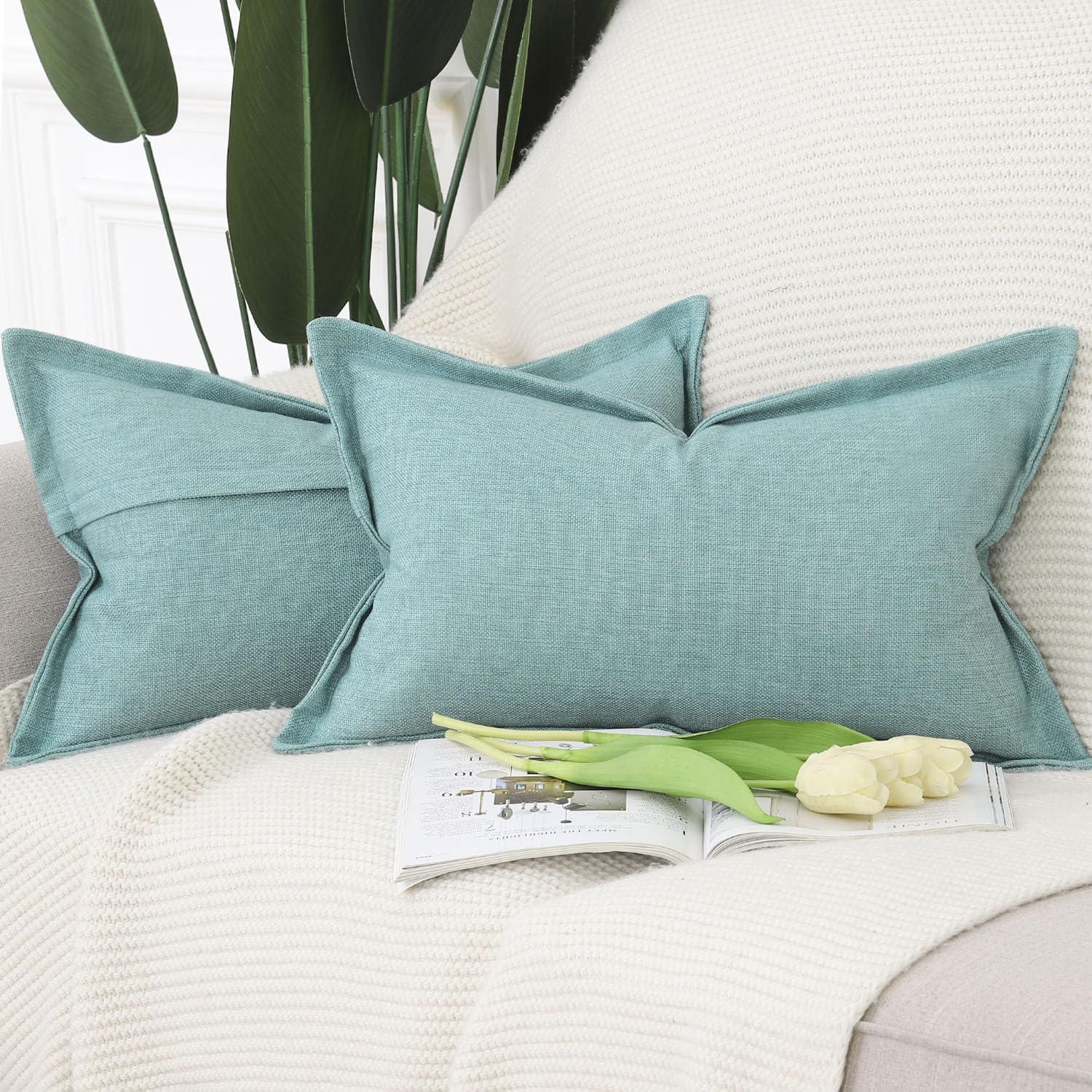 Madizz Set of 2 Faux Linen Cushion Covers with Broad Edge Soft Boho Decorative Pillow Cases for Sofa Bedroom Modern Pillow Shell 12x20 inch, 30x50 cm Turquoise