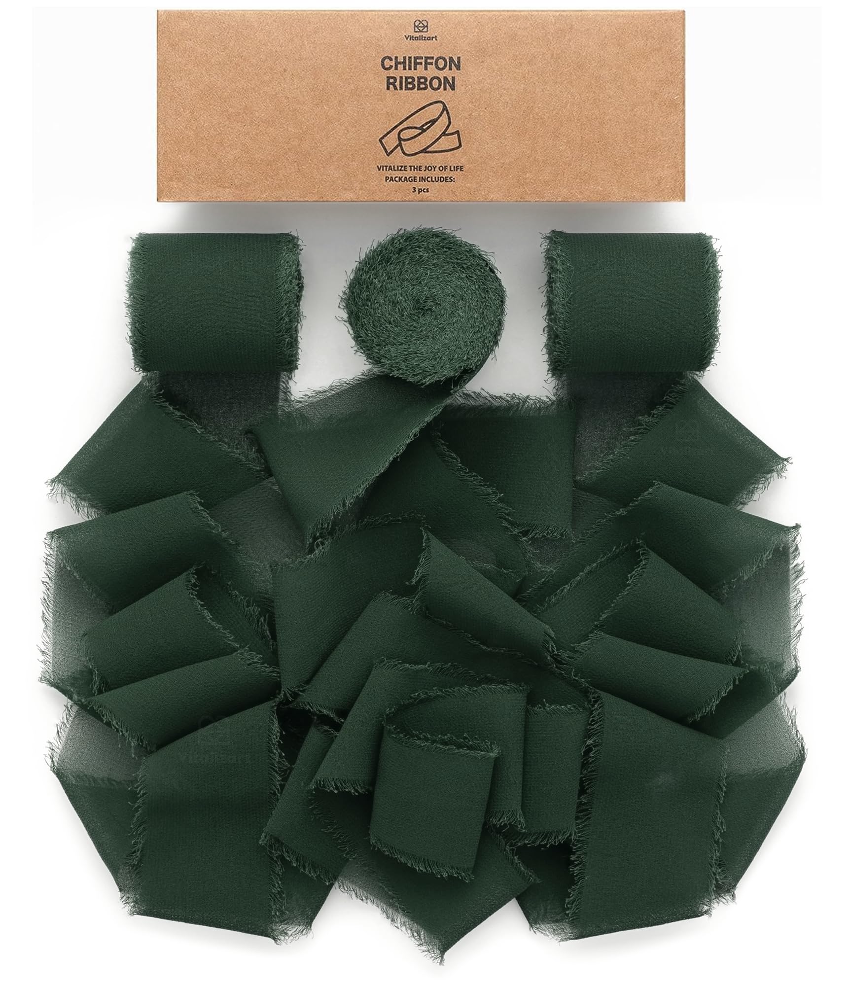 Vitalizart Dark Green Chiffon Ribbon 1.5'' x 21 Yd, Fabric Silky Ribbons 3 Rolls 1.5'' x 7 Yd, Handmade Fringe for Wedding Invitation, Bridal Bouquet, Gift Wrapping, Holiday Decoration, DIY Craft