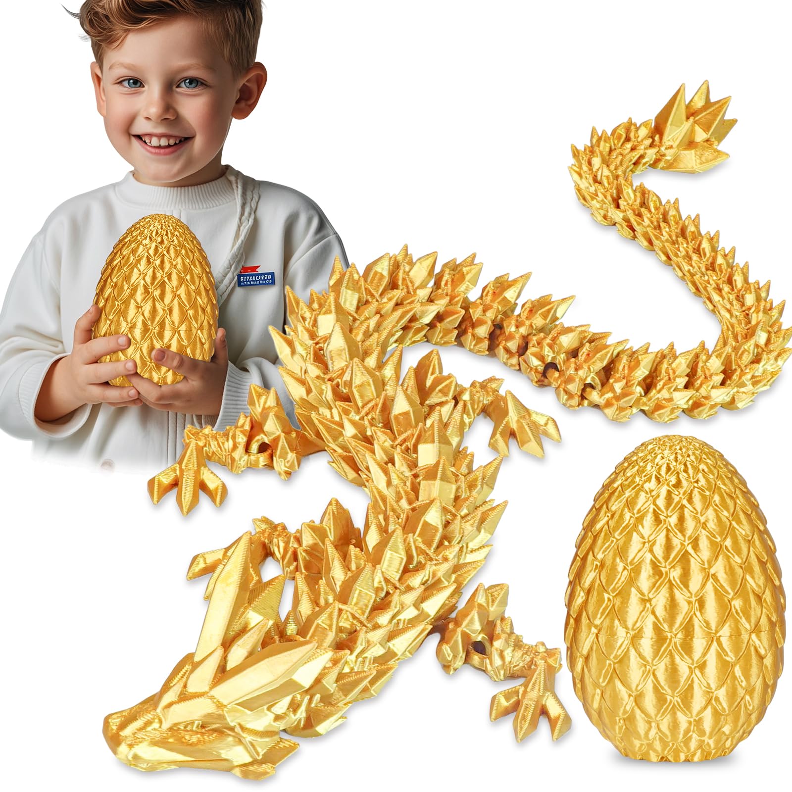 Surprise Dragon Egg with Dragon Inside β Gifts for Kids and Adults, 3D Printed Fidget Toy, Ideal for Christmas, Easter, Birthdays, Fun Desk DΓ©cor and Stress Relief(Gold, Large)