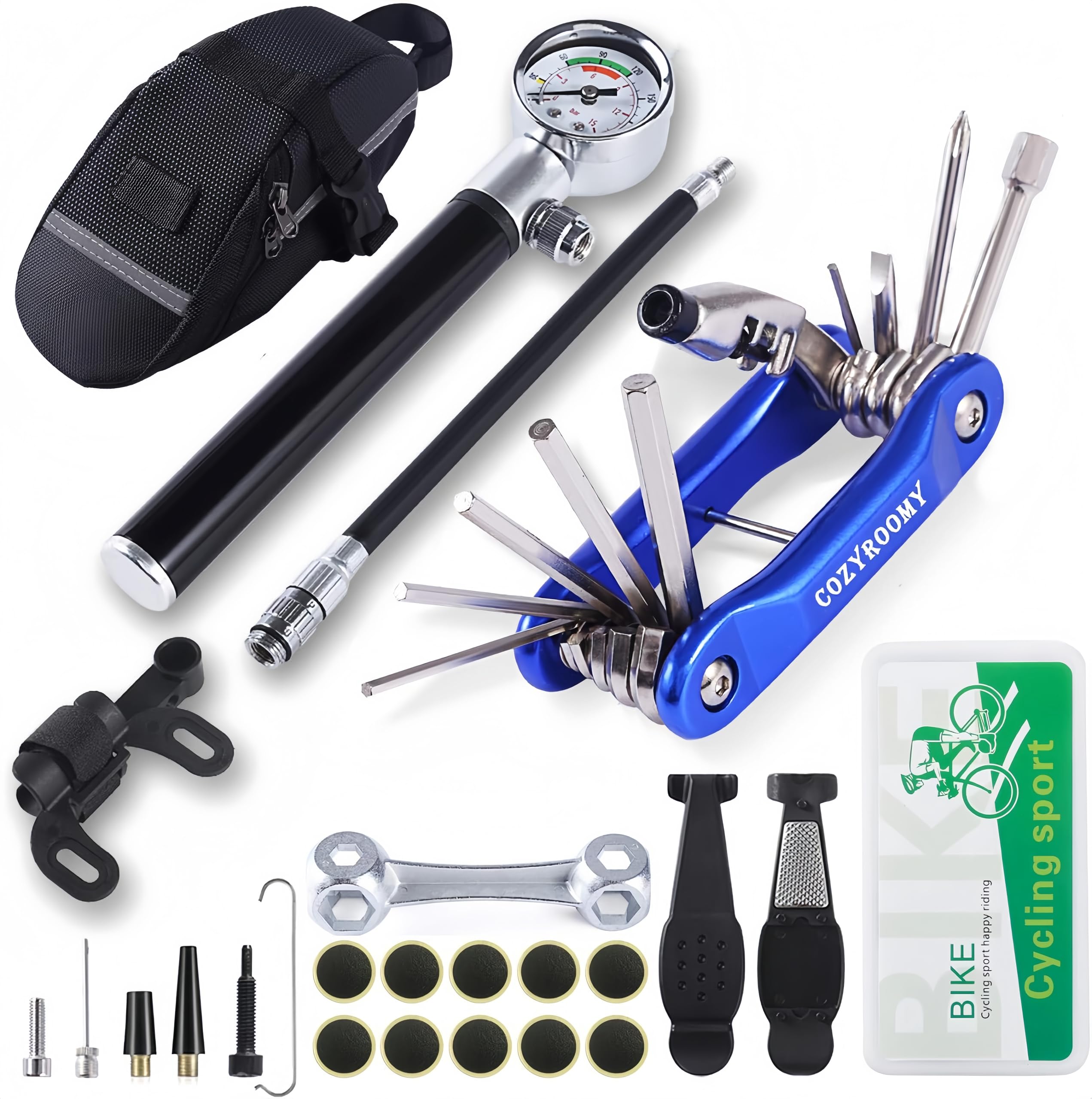 COZYROOMY Bike Tyre Repair Kit - Bike tool kit with 210 Psi Mini Pump 10-in-1 multi-tool（With chain breaker）, 3 in 1 Tyre Levers &Tire patch, 1 saddle bag. 6 month warranty