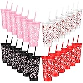 Denylo pro 24 Sets Galentines Day Coffee Cups Valentines Plastic Cups with Straw Heart Reusable Cups 27 OZ Drinking Tea Valentines Coffee Cups for Valentines Day Gifts Galentine's Day Party Supplies