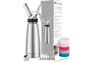 OTIS CLASSIC Whipped Cream Dispenser Stainless Steel - Professional Whipped Cream Maker - Gourmet Cream Whipper - Large 500ml / 1 Pint Canister - 3 Decorating Nozzles, 4 Injector Tips and 5 Colored Silicone Grips