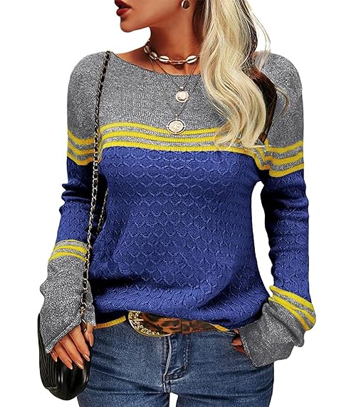 Hormtaer Womens Jumpers Crew Neck Long Sleeve Knit Sweater Colorblock Striped Knitwear Ladies Casual Retro Sweaters Soft Pullover Tops (Dark Blue, XXL)