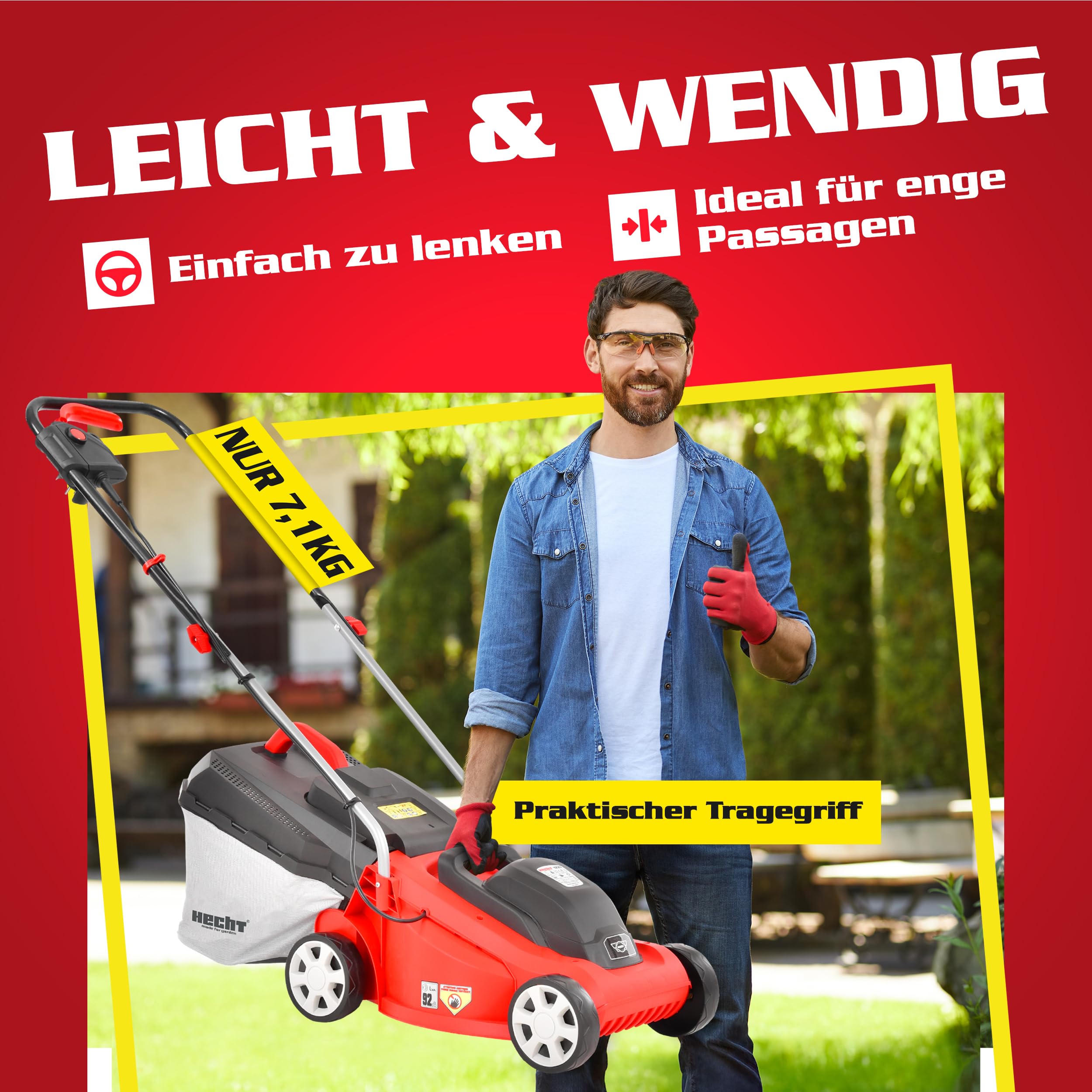 HECHT 2-IN-1 Elektro Rasenmäher mit 1300 Watt Motor – 33 cm Schnittbreite – Radschnitthöheneinstellung 20-60 mm – 30 Liter Fangkorb für einen schön gepflegten Rasen – Electric Lawnmower 3