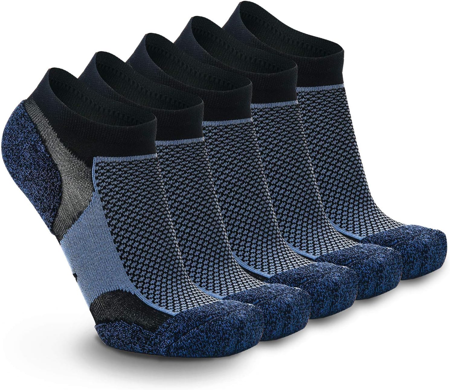 5 Pairs Trainer Sports Running Socks for Men Women Ladies Cushioned Padded Anti Blister Low Cut Invisible Ankle Sneaker Socks (Navy Blue, l)